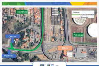 Desvio no tráfego no km 33,9 do Contorno Sul em São Sebastião para implantação de vigas na obra de acesso ao Porto