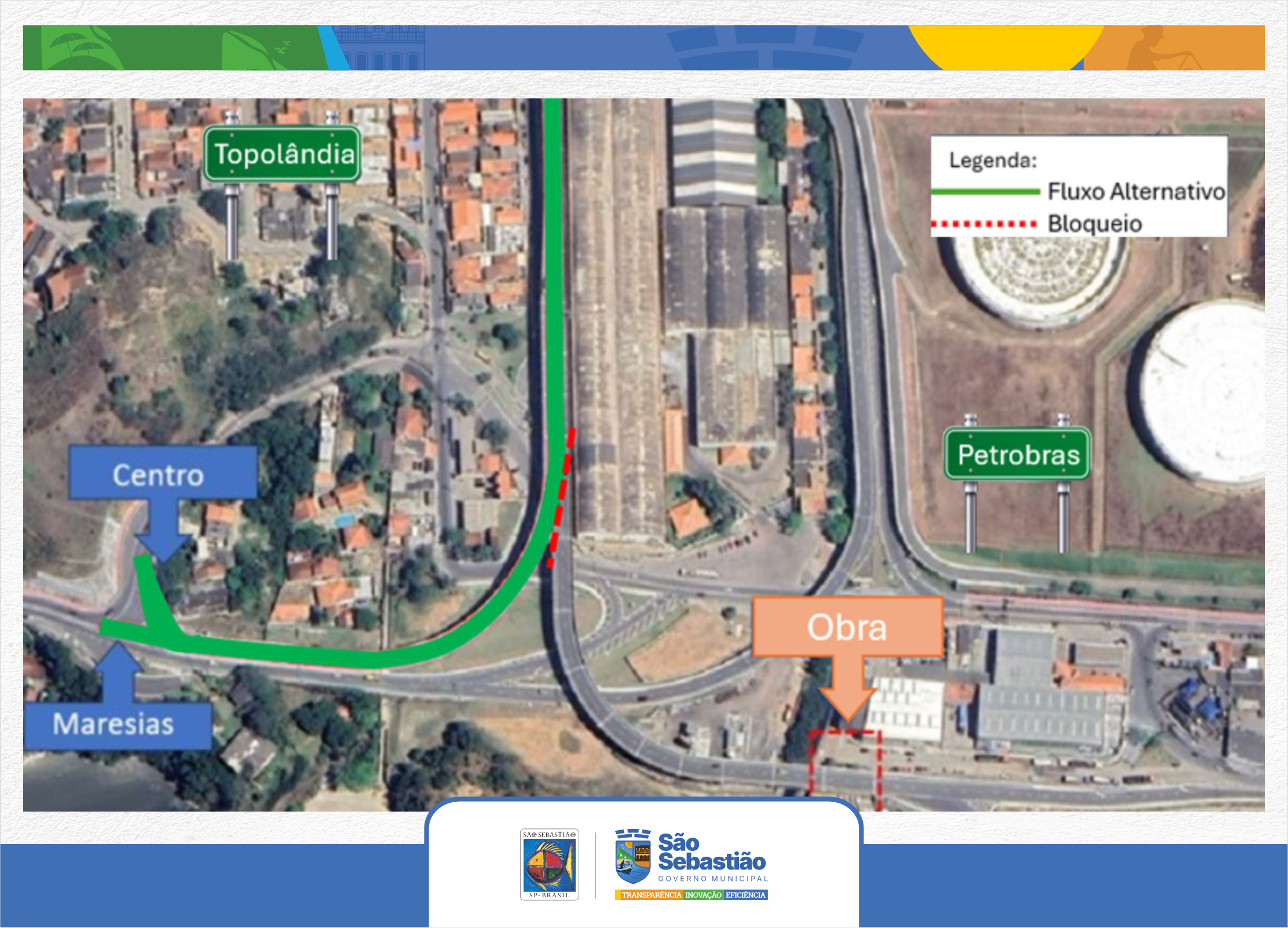 Desvio no tráfego no km 33,9 do Contorno Sul em São Sebastião para implantação de vigas na obra de acesso ao Porto