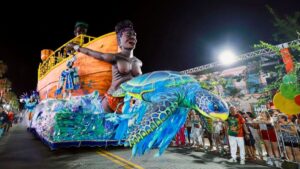 Desfile da Ki-Fogo campeã do Carnaval de São Sebastião 2026 na avenida.