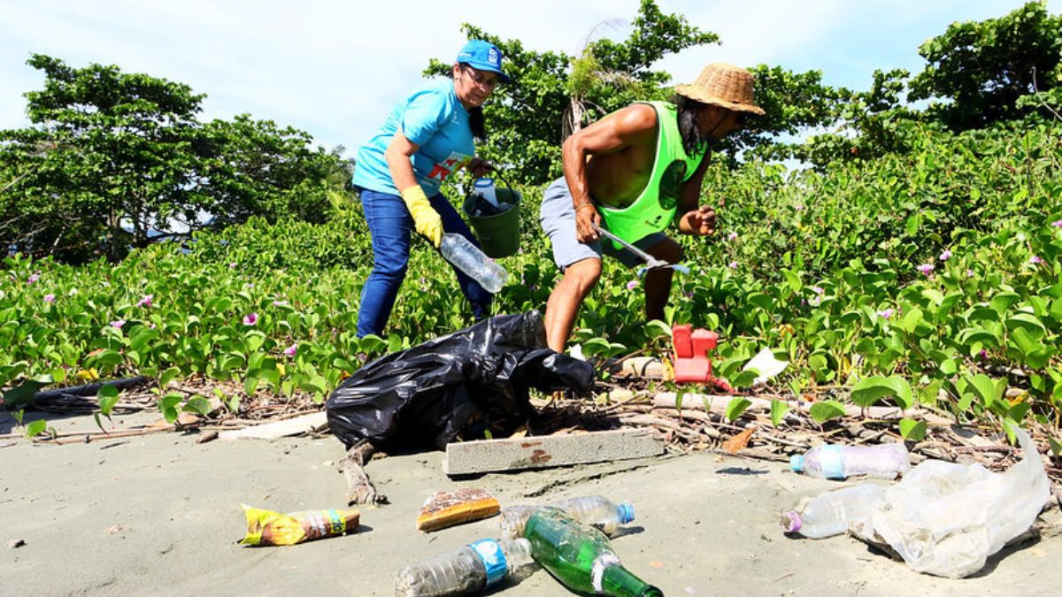 Voluntários participam de mutirão de limpeza na Praia do Indaiá, em Caraguatatuba.