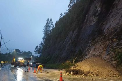 Deslizamento de terra na Rodovia dos Tamoios com atuação da Defesa Civil em Caraguatatuba