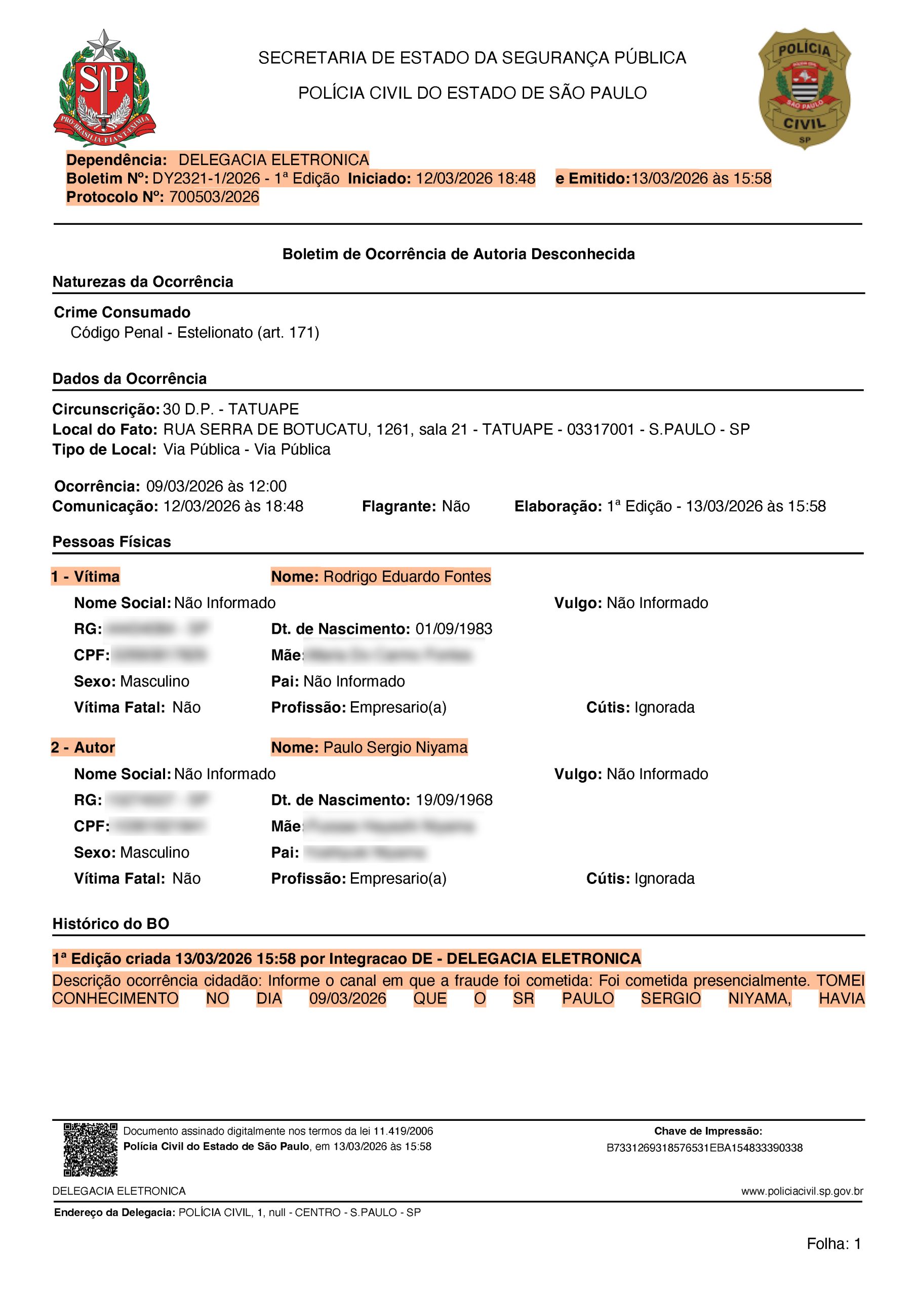 Trecho do Boletim de Ocorrência registrado por Rodrigo Eduardo Fontes | Imagem: Reprodução