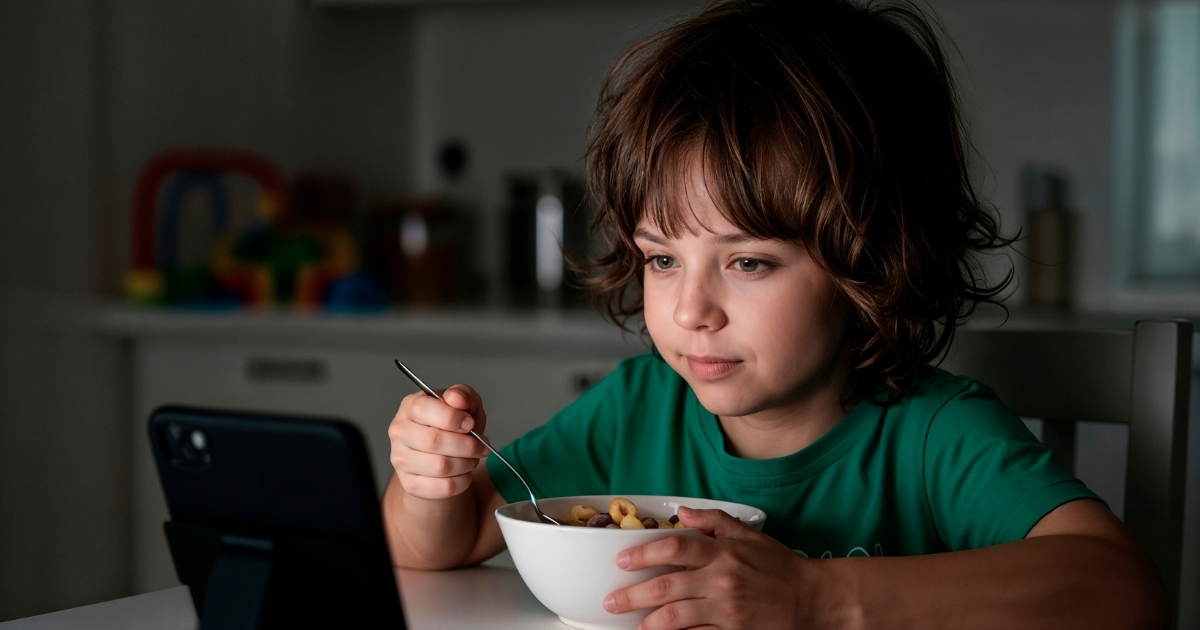 Criança utiliza celular durante a refeição enquanto faz uma refeição à mesa