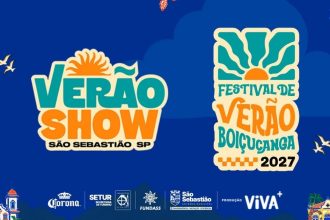 Palco do Verão Show no Complexo Turístico da rua da Praia em São Sebastião durante a temporada de verão com público e shows ao ar livre