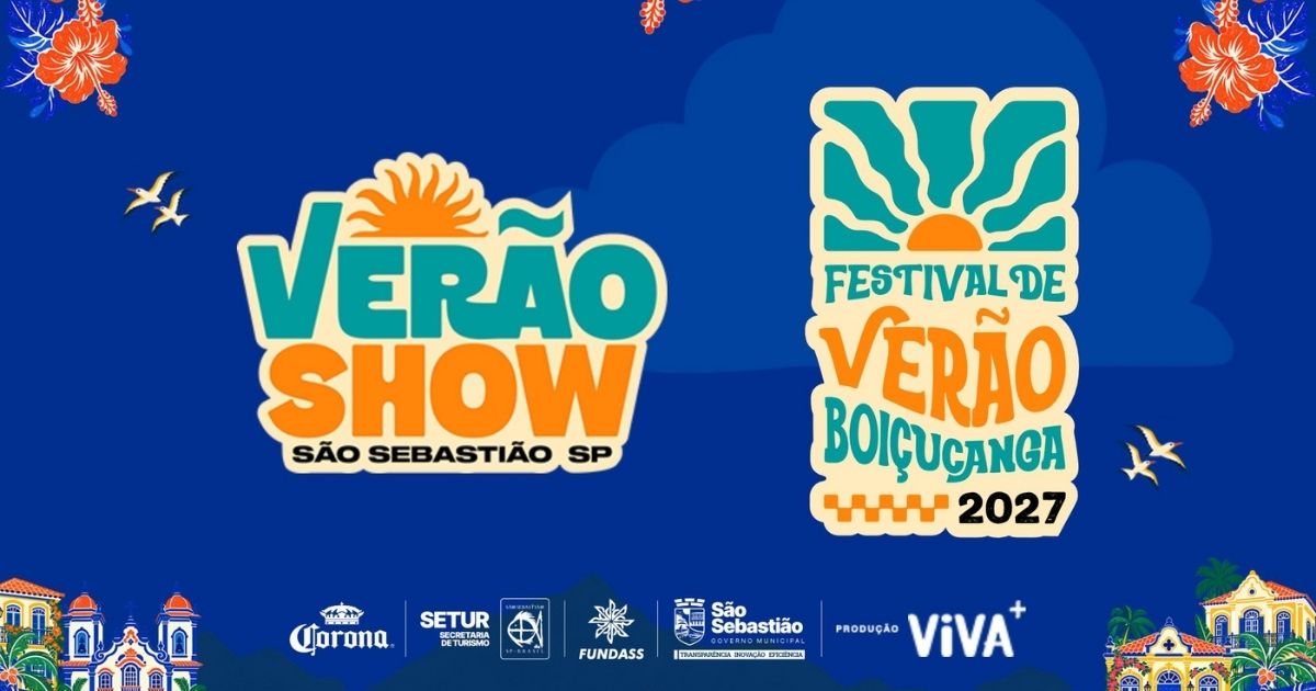 Palco do Verão Show no Complexo Turístico da rua da Praia em São Sebastião durante a temporada de verão com público e shows ao ar livre